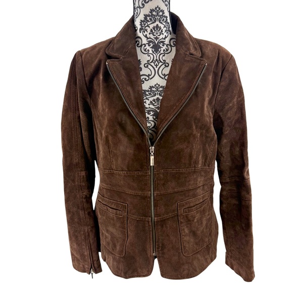 Bernardo Genuine Suede Leather Jacket Brown Zip Front Tailored Classic Luxe, M - Picture 2 of 13